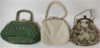 3 VINTAGE PURSES; GREEN STRAW w/ BEADS, WHITE