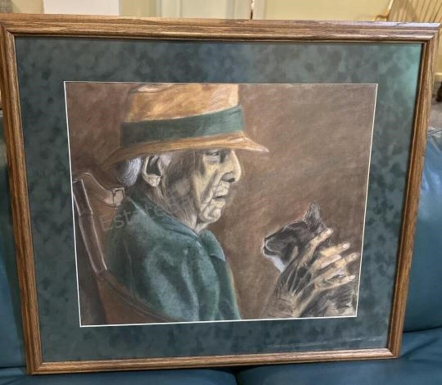 Original Art “Man with Cat” by Lori Dicks Framed