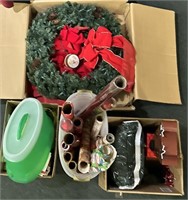 3 Box Lot of Christmas Decor: Wreaths, Linens,