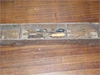 long wooden box with early drill bits and more