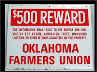 OKLAHOMA FARMER'S UNION METAL  REWARD SIGN