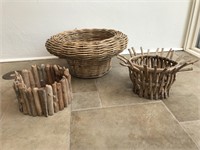 Large Wicker & 2 Primitive Style Baskets
