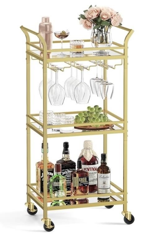 VASAGLE 3-Tier Drinks Trolley, Gold Bar Cart on