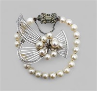 CULTURED PEARL BROOCH AND BRACELET