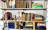 (3) shelves including books, bookends, brass bells