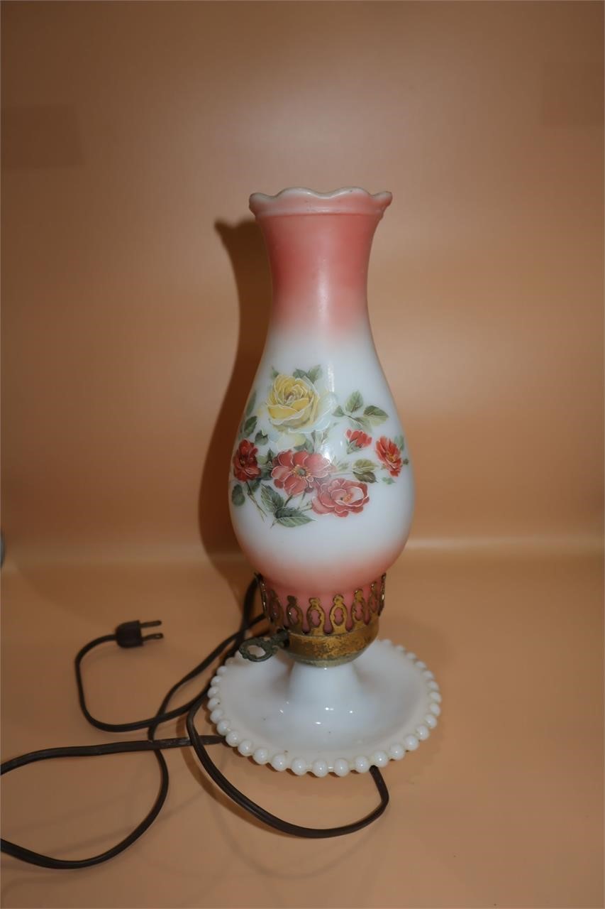Vintage Milk Glass Table Lamp Floral Hurricane