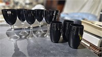 Mid Century Black Glass Wine Goblet Set & Tumblers