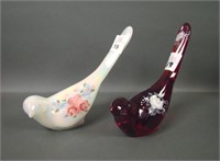 Two Fenton Decorated Bird of Happiness Figurines
