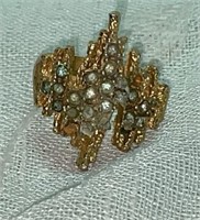 Vtg Gold Tone Artisan Ring w/Clear Crystals