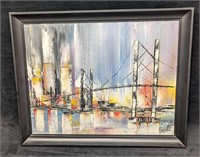 Framed Abstract Bridge Original Oil On Panel