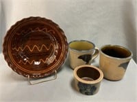 Foltz Redware Bowl with Contemporary Pottery Mugs
