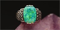 Green Opal & Sterling Silver W/ Marcasite Ring 6g