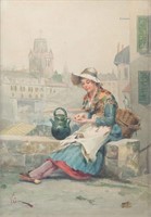 Vicenzio Corsi Watercolor of Flower Seller
