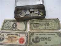 Tin container with Foreign money and coins