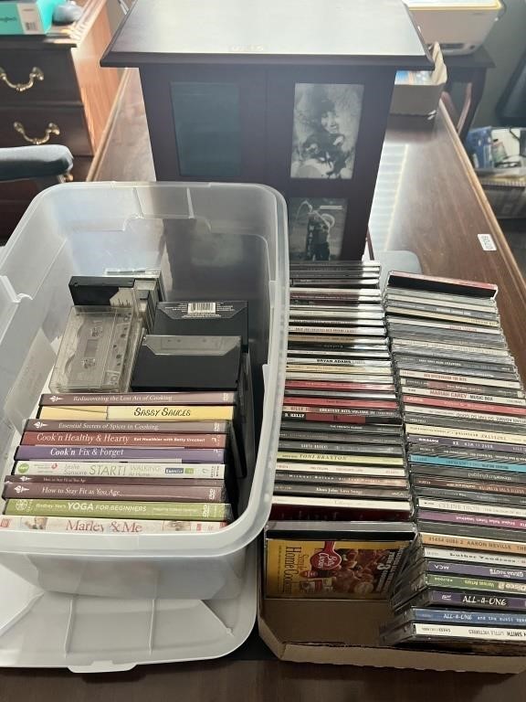 CD's, DVD's, Cassettes, & CD Holder.