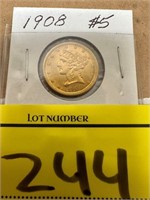 1908 LIBERTY 5 DOLLAR GOLD PIECE