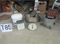 2 scales, enamel pail, galvanized items