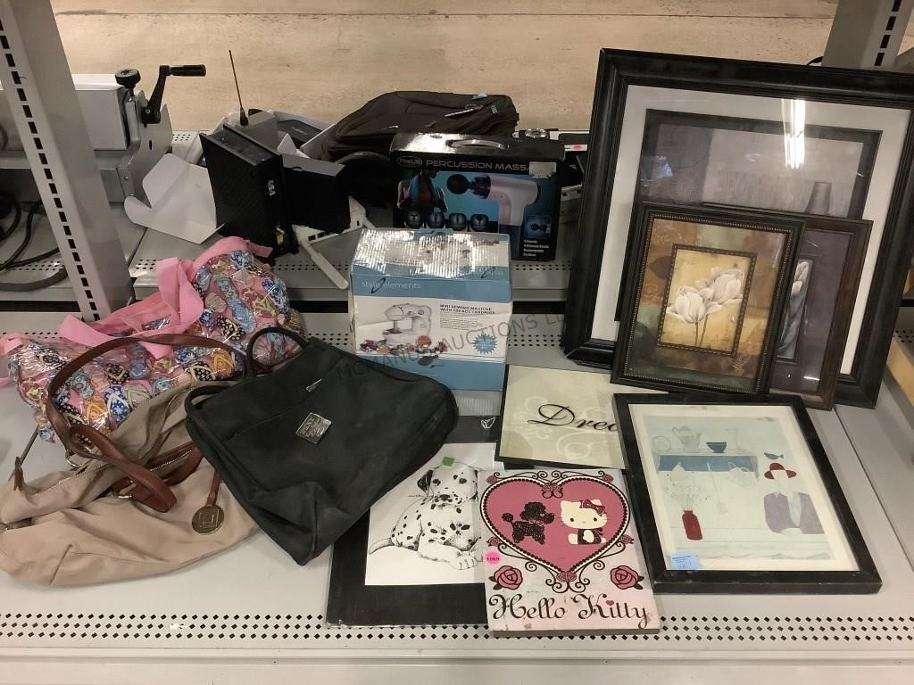 Mini sewing machine, assorted purses and framed