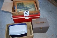 2 COOLERS,METAL BOX & A BOX OF PICTURE FRAMES