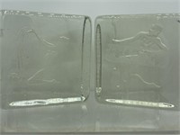 2 Large Glass Blocks With Figures Etched Into The
