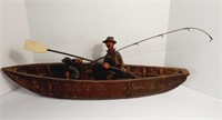Large Carved Fisherman in Row Boat Sculpture Decor