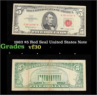 1963 $5 Red Seal United States Note Grades vf++