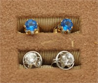 2 Pair Cz & Blue Stone Gold Stud Earrings