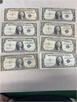 (8) silver certificate one dollar bills