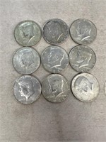 (9) silver Kennedy half dollars 1966 1965 1968