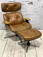 Vintage Eames Style Brown Leather/Wood Swivel