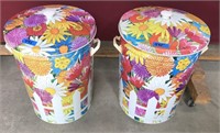 Two Vintage Flower Painted Trash Cans, Very Cool