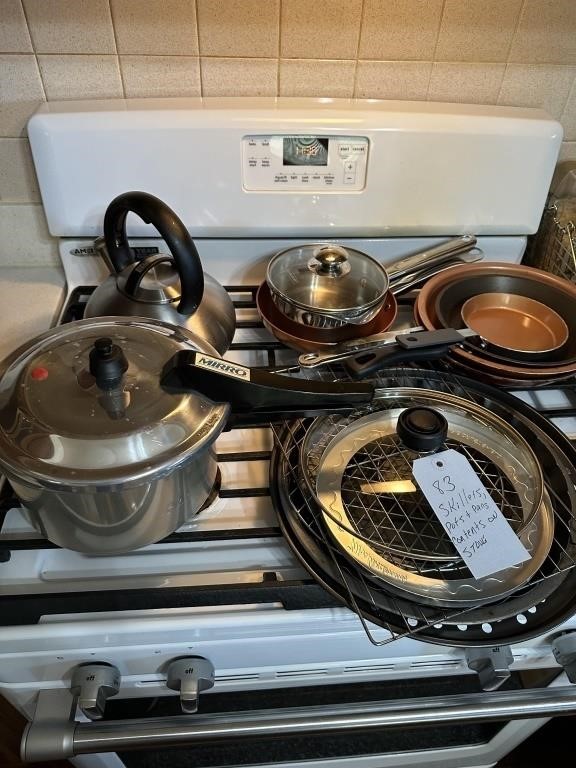 Skillets, pots & pans, contents on stove