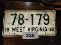 1962 WEST VIRGINIA LICENCE PLATE