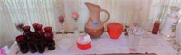 Red glassware, pitcher, misc.