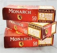 150 Rds 3 Boxes Monarch Brass 9mm 115gr FMJ Ammo