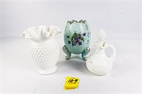 Hobnail Milk Glass Cruet and Vase and A 3 Footed
