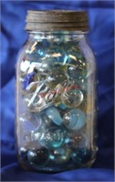 Vintage Blue Ball Jar Full of Shooter Marbles!