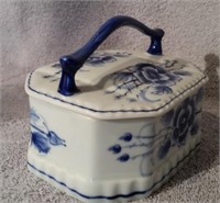 Antique Hand Painted Blue & White Box With Lid