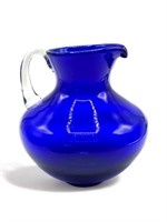 Blue art glass pitcher, 8 1/2" h.
