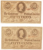 Confederate States. Pair of 50¢ Notes