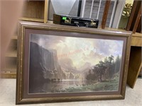 38 X 24 FRAMED MATTED MOUNTAIN SCENE WITH DEER AT