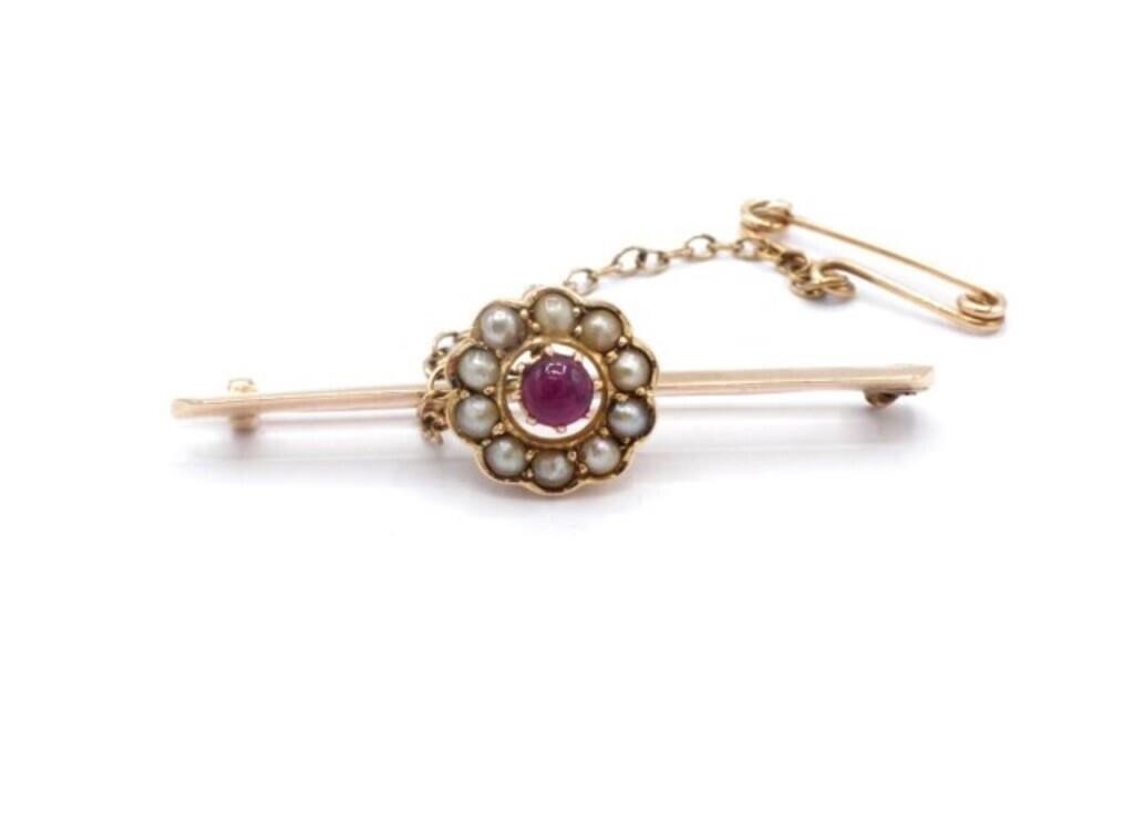 Ruby, pearl & 14ct rose gold bar brooch