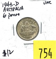 1943-D Australia 6 pence, Unc.