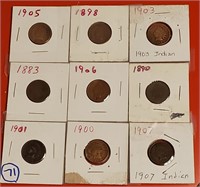 9 old indian head pennies 1883 - 1907