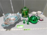 Carnival glass canister, teapot, shot glasses, dec