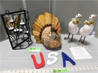 Candleholder, paper birds, turkey decoration and w