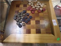 CARVED WOOD CHECKER BOARD W/SOME PCS