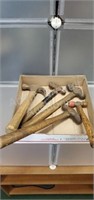 5 assorted wooden handled hammers