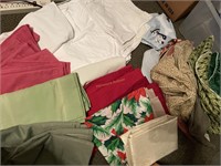Tote of linens - curtains, table cloths,