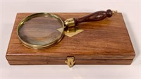Magnifying glass, brass with wood handle, 4" dia.,